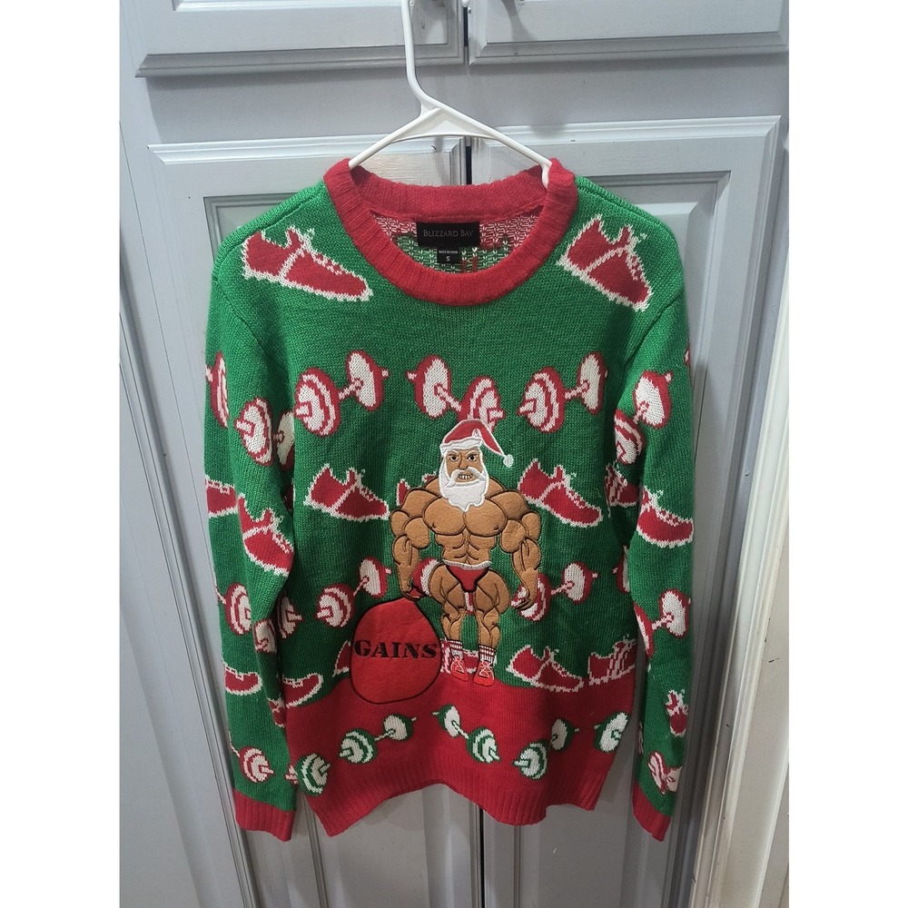 Blizzard Bay Muscle Santa Gains Ugly Unisex Christmas Sweater Green Red Small